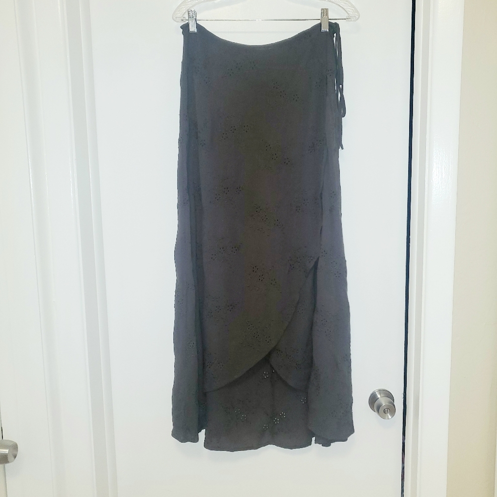 Wrap front maxi skirt with floral eyelet pattern